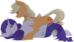 Size: 1197x686 | Tagged: safe, artist:mrgdog, applejack, rarity, earth pony, pony, unicorn, eye contact, female, lesbian, looking at each other, mare, on back, rarijack, shipping, simple background, transparent background