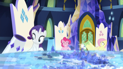 Size: 1920x1080 | Tagged: safe, screencap, fluttershy, pinkie pie, rarity, earth pony, pegasus, pony, unicorn, school daze, cannon, cutie map, friendship throne, party cannon, throne room, twilight's castle