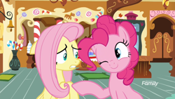 Size: 1920x1080 | Tagged: safe, screencap, fluttershy, pinkie pie, earth pony, pegasus, pony, school daze, duo, female, one eye closed, scared, sugarcube corner, wink