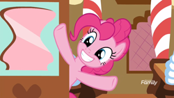 Size: 1920x1080 | Tagged: safe, screencap, pinkie pie, pony, school daze, door, smiling, solo, sugarcube corner