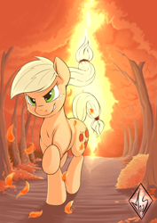 Size: 1240x1748 | Tagged: safe, artist:sea-maas, applejack, earth pony, pony, autumn, female, forest, happy, hatless, light, mare, missing accessory, running, scenery, smiling, smirk, solo, tree