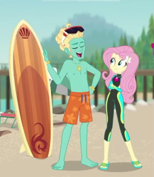 Size: 493x567 | Tagged: safe, screencap, fluttershy, zephyr breeze, better together, blue crushed, equestria girls, barefoot, brother and sister, clothes, cropped, eyes closed, feet, female, glasses, male, male feet, partial nudity, sandals, shorts, siblings, surfboard, swimsuit, topless, wetsuit