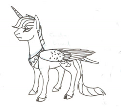 Size: 1504x1325 | Tagged: safe, artist:amaya-chans2, oc, oc only, oc:judgment, alicorn, classical unicorn, hybrid, pony, alicorn oc, interspecies offspring, leonine tail, lineart, offspring, parent:discord, parent:princess celestia, parents:dislestia, simple background, solo, traditional art, white background