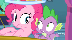 Size: 1920x1080 | Tagged: safe, screencap, pinkie pie, spike, dragon, earth pony, pony, school daze, discovery family logo