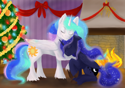 Size: 3508x2480 | Tagged: safe, artist:ardilya, princess celestia, princess luna, alicorn, pony, christmas, christmas tree, digital art, fire, happy, holiday, home, tree