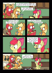 Size: 2480x3507 | Tagged: safe, artist:bobthedalek, apple bloom, applejack, big macintosh, earth pony, pony, the perfect pear, bait and switch, comic, dishonorapple, food, jam, kitchen, pear jam