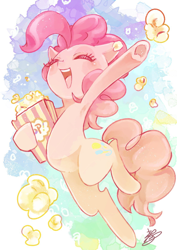 Size: 1188x1680 | Tagged: safe, artist:sibashen, pinkie pie, earth pony, pony, cute, diapinkes, eyes closed, female, food, mare, open mouth, popcorn, smiling, solo, underhoof