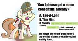 Size: 779x414 | Tagged: safe, tag-a-long, charity, discussion, filly guides, filly scouts, girl scout, meta, text, thin mint
