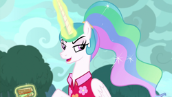 Size: 1920x1080 | Tagged: safe, screencap, princess celestia, alicorn, pony, between dark and dawn, alternate hairstyle, annoyed, celestia is not amused, clothes, ethereal mane, female, flowing mane, folded wings, food, glowing horn, hawaiian shirt, horn, lidded eyes, mare, ponytail, sandwich, shirt, solo, unamused, wings