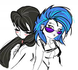 Size: 1029x927 | Tagged: safe, artist:pixel-chick, dj pon-3, octavia melody, vinyl scratch, human, blushing, female, humanized, lesbian, scratchtavia, shipping, simple background, sunglasses, white background