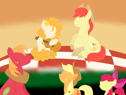 Size: 6000x4500 | Tagged: safe, artist:kingtumult, apple bloom, applejack, big macintosh, bright mac, pear butter, earth pony, pony, the perfect pear, absurd resolution, apple family, brightbutter, female, filly, guitar, lineless, male, mare, minimalist, modern art, shipping, simple, stallion, straight