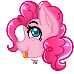 Size: 984x984 | Tagged: safe, artist:yumomochan, pinkie pie, pony, bust, cute, digital art, fanart, funny, pony head, simple background, simple shading, tongue out, white background