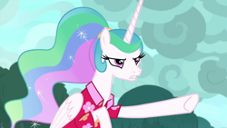 Size: 1920x1080 | Tagged: safe, screencap, princess celestia, alicorn, pony, between dark and dawn, alternate hairstyle, angry, barehoof, celestia is not amused, clothes, ethereal mane, female, flowing mane, folded wings, hawaiian shirt, mare, narrowed eyes, pointing, ponytail, shirt, solo, unamused, wings