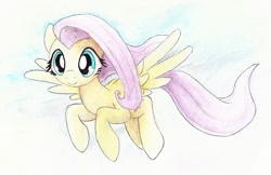 Size: 964x625 | Tagged: safe, artist:astevenamedwolf, fluttershy, pegasus, pony, female, flying, mare, smiling, solo, spread wings, three quarter view, traditional art, watercolor painting, wings