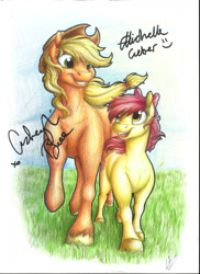 Size: 2550x3506 | Tagged: safe, artist:lupiarts, apple bloom, applejack, earth pony, pony, apple siblings, autograph, cowboy hat, female, hat, mare, signature, smiling, stetson, traditional art