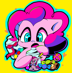 Size: 1258x1280 | Tagged: safe, artist:asg, pinkie pie, earth pony, pony, candy, cookie, cookie jar, female, food, lollipop, mare, pinkamena diane pie, simple background, solo, yellow background