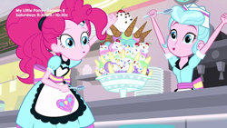 Size: 1280x720 | Tagged: safe, screencap, pinkie pie, equestria girls, equestria girls series, pinkie pie: snack psychic, banana, cherry, dessert, excited, food, hands up, ice cream, ice cream cone, plates, server pinkie pie, spoon, sunny sugarsocks, sweet snacks cafe