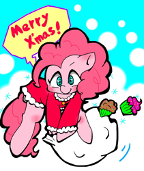 Size: 768x910 | Tagged: safe, artist:asg, pinkie pie, earth pony, pony, bag, christmas, clothes, costume, cupcake, female, food, holiday, looking at you, mare, santa costume, solo