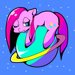 Size: 768x768 | Tagged: safe, artist:asg, pinkie pie, earth pony, pony, female, looking at you, mare, pinkamena diane pie, planet, pony bigger than a planet, tangible heavenly object