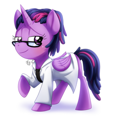 Size: 800x800 | Tagged: safe, artist:fj-c, derpibooru import, twilight sparkle, twilight sparkle (alicorn), alicorn, pony, clothes, cosima, crossover, glasses, lab coat, orphan black, raised hoof, shirt, solo