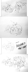 Size: 1920x4865 | Tagged: safe, artist:tjpones, fluttershy, opalescence, rarity, sweetie belle, cat, pegasus, pony, unicorn, abuse, circling stars, comic, derp, female, filly, fluttershy steals animals, flying, grayscale, holding a pony, kidnapped, knocked out, lineart, mare, monochrome, prone, raribuse, scratches, screaming, stars, this ended in pain, traditional art