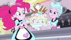 Size: 1280x720 | Tagged: safe, screencap, pinkie pie, better together, equestria girls, pinkie pie: snack psychic, apron, banana, cherry, clothes, excited, food, happy, ice cream, ice cream cone, plates, server pinkie pie, sunny sugarsocks, sweet snacks cafe, waitress