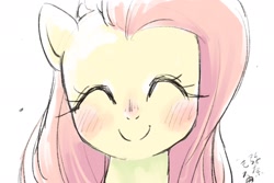 Size: 1800x1200 | Tagged: safe, artist:yanamosuda, fluttershy, pegasus, pony, blushing, bust, cute, eyes closed, female, portrait, shyabetes, signature, simple background, smiling, solo, white background