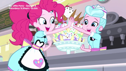 Size: 1280x720 | Tagged: safe, screencap, pinkie pie, equestria girls, equestria girls series, pinkie pie: snack psychic, apron, banana, cherry, clothes, cute, dessert, diapinkes, excited, food, happy, high five, ice cream, ice cream cone, plates, server pinkie pie, sunny sugarsocks, sweet snacks cafe, waitress