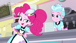 Size: 1280x720 | Tagged: safe, screencap, pinkie pie, equestria girls, equestria girls series, pinkie pie: snack psychic, apron, clothes, cute, diapinkes, duo, duo female, female, plates, server pinkie pie, sunny sugarsocks, sweet snacks cafe, waitress