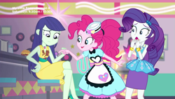 Size: 1280x720 | Tagged: safe, screencap, blueberry cake, pinkie pie, rarity, better together, equestria girls, pinkie pie: snack psychic, apron, burger, clothes, crossed legs, dress, food, hamburger, jukebox, pointing, server pinkie pie, shocked, skirt, stain, stool, sweet snacks cafe, waitress