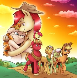 Size: 1249x1263 | Tagged: safe, artist:saturdaymorningproj, apple bloom, applejack, big macintosh, bright mac, grand pear, granny smith, pear butter, earth pony, pony, the perfect pear, applejack's parents, brightbutter, eyes closed, female, grandparents and grandchildren, hug, looking at each other, male, married couple, ponies riding ponies, pony hat, shipping, smiling, straight, sunset