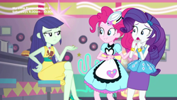Size: 1280x720 | Tagged: safe, screencap, blueberry cake, pinkie pie, rarity, equestria girls, equestria girls series, pinkie pie: snack psychic, apron, background human, burger, clothes, confused, crossed legs, dress, food, hamburger, happy, jukebox, server pinkie pie, shocked, skirt, stain, stool, sweet snacks cafe, waitress