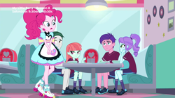 Size: 1280x720 | Tagged: safe, screencap, crystal lullaby, marco dafoy, melon mint, peacock plume, pinkie pie, better together, equestria girls, pinkie pie: snack psychic, apron, clothes, diner, lamp, roller skates, sad, server pinkie pie, shoes, sneakers, sports outfit, sports shorts, sweet snacks cafe, table, waitress