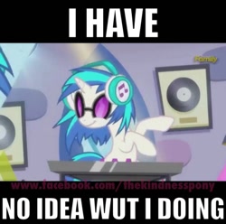 Size: 768x762 | Tagged: safe, screencap, dj pon-3, vinyl scratch, pony, unicorn, slice of life (episode), discovery family logo, grammar error, meme, record, solo, vinyl and octavia's home