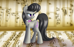 Size: 2580x1650 | Tagged: safe, artist:january3rd, octavia melody, earth pony, pony, black mane, female, gray coat, mare, music notes, solo