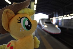 Size: 1920x1280 | Tagged: safe, artist:setorin5, applejack, pony, 4de, irl, japan, photo, plushie, ponies around the world, shinkansen, solo, train