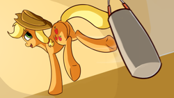 Size: 1920x1080 | Tagged: safe, artist:camyllea, applejack, earth pony, pony, atg 2017, cowboy hat, female, hat, kicking, looking back, mare, newbie artist training grounds, plot, punching bag, rear view, solo, stetson, underhoof