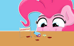 Size: 1280x800 | Tagged: safe, artist:ljdamz1119, pinkie pie, pony, school daze, ant, cake, celebration, confetti, food, hat, party cannon, party hat, ponk, the world's smallest party cannon, tiny