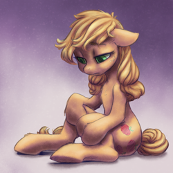 Size: 1500x1500 | Tagged: safe, artist:chromaskunk, artist:verulence, applejack, earth pony, pony, collaboration, female, gradient background, looking down, mare, sad, solo