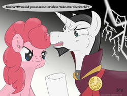 Size: 1280x960 | Tagged: safe, artist:halflingpony, chancellor neighsay, pinkie pie, earth pony, pony, unicorn, school daze, gradient background, lightning, maurice lamarche, pinky and the brain, voice actor joke, world domination