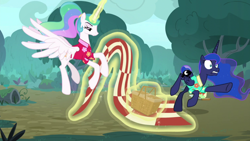 Size: 1920x1080 | Tagged: safe, screencap, princess celestia, princess luna, alicorn, pony, between dark and dawn, basket, forest, picnic basket, picnic blanket