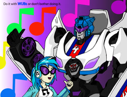 Size: 1024x777 | Tagged: safe, artist:xdtaxundeadbuck01, dj pon-3, vinyl scratch, robot, equestria girls, clothes, headphones, jazz (autobot), mecha, open mouth, sunglasses, transformers