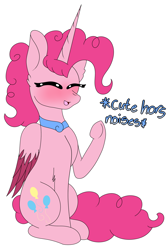 Size: 2084x3105 | Tagged: safe, artist:tomboygirl45, pinkie pie, alicorn, pony, alicornified, ask, blushing, descriptive noise, high res, horse noises, pinkiecorn, princessponk, race swap, sitting, solo, tumblr, xk-class end-of-the-world scenario