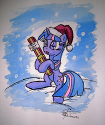 Size: 1998x2382 | Tagged: safe, artist:leadhooves, derpibooru import, twilight sparkle, hat, present, santa hat, snow, snowfall, solo, traditional art