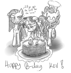 Size: 2364x2400 | Tagged: safe, artist:leadhooves, derpibooru import, pinkie pie, twilight sparkle, earth pony, pony, cake, dialogue, food, kevinsano's birthday, monochrome, pinkamena diane pie