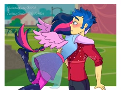 Size: 2407x1800 | Tagged: safe, artist:ro994, flash sentry, sci-twi, twilight sparkle, better together, cheer you on, equestria girls, blushing, clothes, female, flashlight, hug, male, ponied up, sciflash, scitwilicorn, shipping, straight, watermark, wings