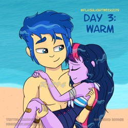 Size: 2232x2232 | Tagged: safe, artist:ro994, flash sentry, sci-twi, twilight sparkle, equestria girls, equestria girls series, bandaid, beach, blue swimsuit, bridal carry, carrying, clothes, female, flashlight, lifeguard, male, ocean, one-piece swimsuit, partial nudity, sciflash, shipping, straight, striped swimsuit, swimsuit, topless, tricolor swimsuit, watermark, wet, wristband