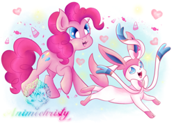 Size: 1024x731 | Tagged: safe, artist:animechristy, pinkie pie, pony, :3, candy, crossover, cute, diapinkes, duo, food, heart, open mouth, pokémon, sylveon