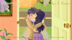 Size: 1366x768 | Tagged: safe, artist:ro994, flash sentry, sci-twi, twilight sparkle, better together, equestria girls, blushing, clothes, crying, door, female, flashlight, flower, grass, hug, male, sciflash, shipping, straight, street, watermark