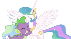 Size: 650x362 | Tagged: safe, artist:chrzanek97, edit, editor:undeadponysoldier, princess celestia, spike, alicorn, dragon, pony, crown, cute, cutelestia, female, happy, hug, jewelry, male, marepony, momlestia, regalia, shipping, simple background, spikelestia, spread wings, straight, white background, wings